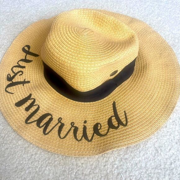 EMBROIDERED "JUST MARRIED" WIDE
BRIM STRAW SUN HAT by C.C. - Picture 2 of 6